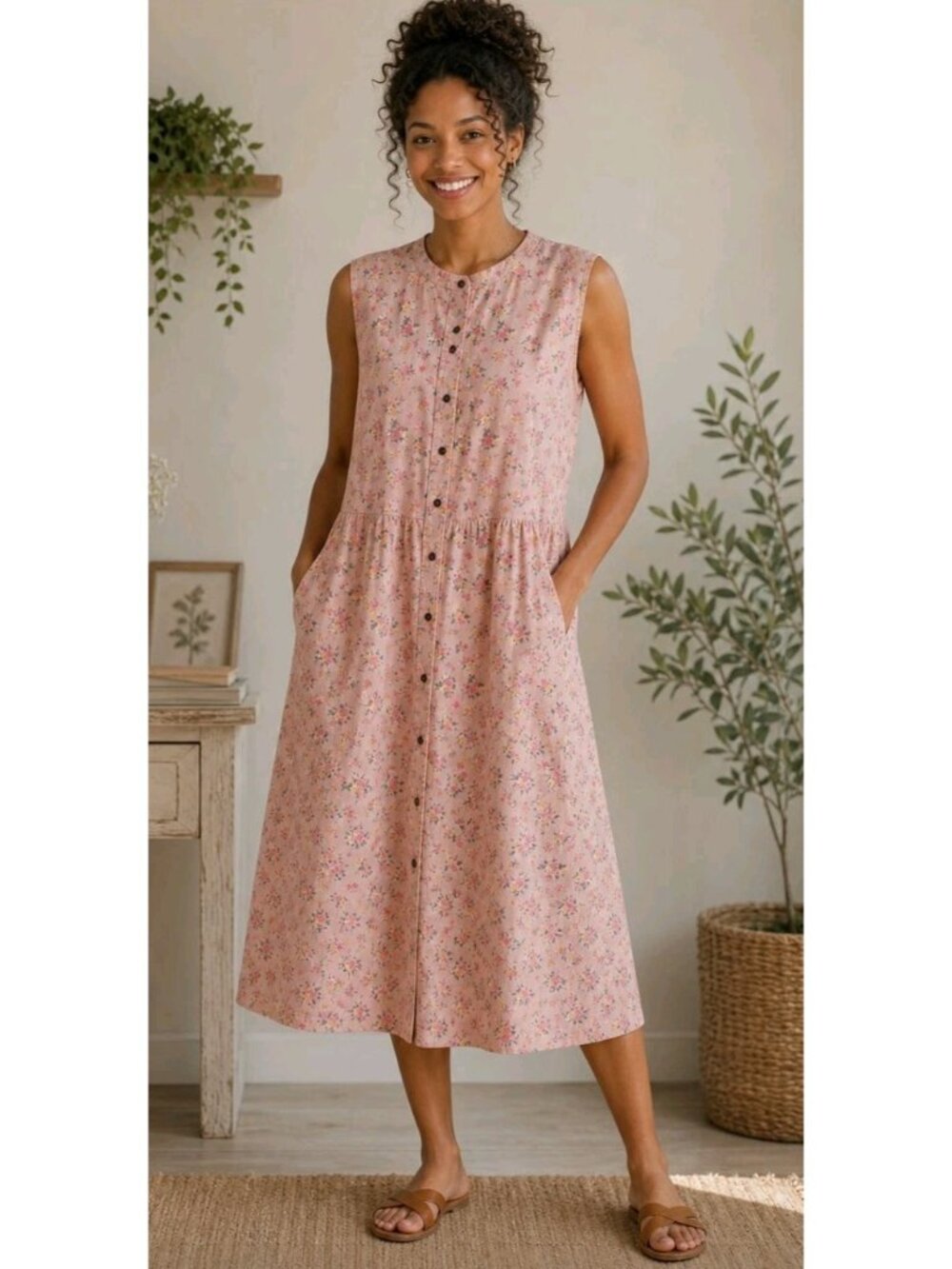 Canyon River Blues Floral Midi Shirt Dress  Sleeveless Casual Pockets XL Pink